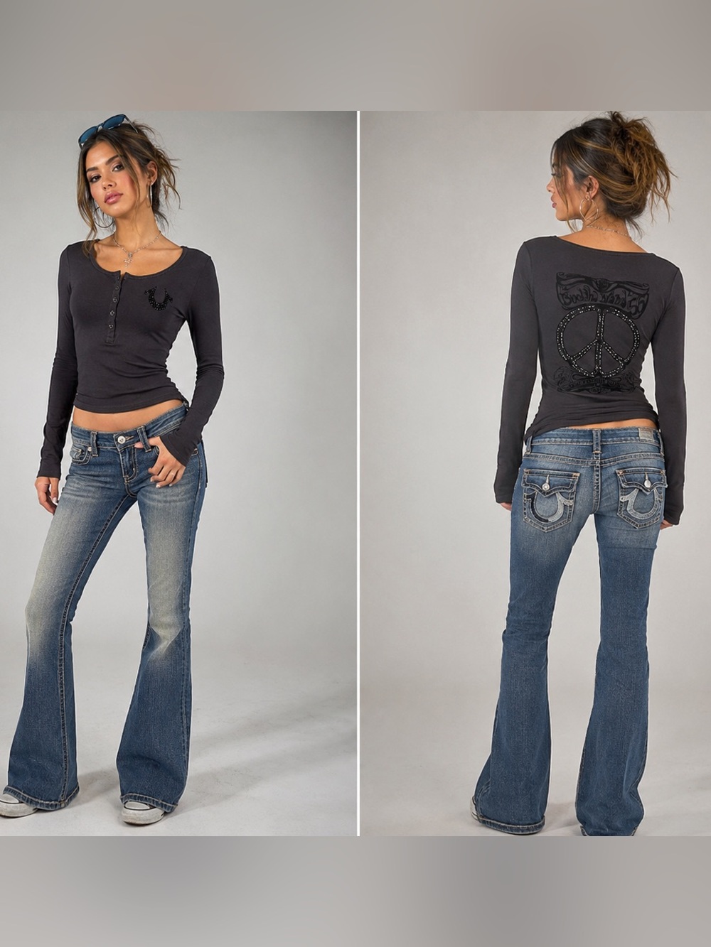 True Religion Brand Jeans long sleeve top Black rhinestone Y2K 2000’s McBling